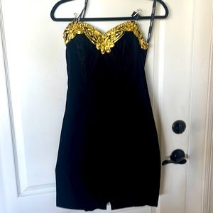 EUC Niki Originals black velvet strapless Christmas dress w/ gold embellishments